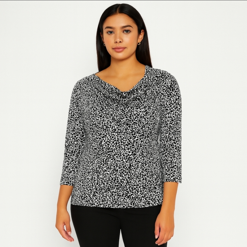 Liz Claiborne Black White Womens Petite Draped Neck Top Sz PL